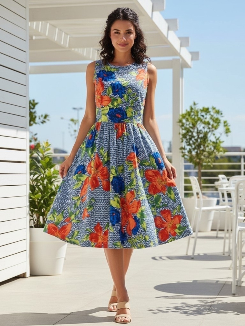 Tracy Reese Blue Floral Sleeveless Fit-and-Flare Dress Size 8